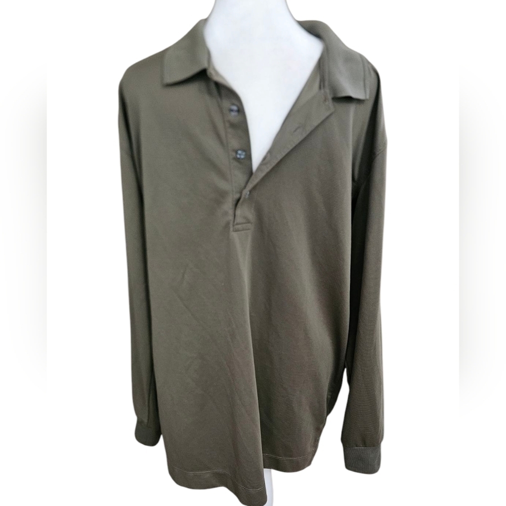 BERMUDA SANDS Performance long Sleeve Polo In Olive Brown. Size Large